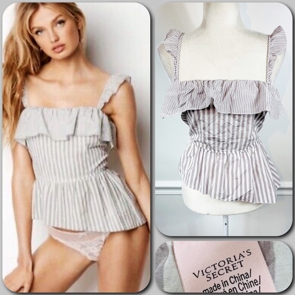 Victoria's Secret Other - VICTORIA’S SECRET Gray & White Striped Ruffle Asymmetric Sleep Cami Tank - SMALL